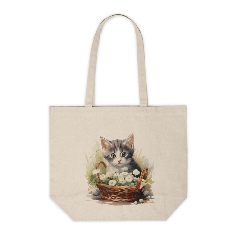 Floral Cat in a Basket Custom Tote Bag
